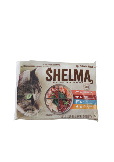 Shelma kapsičky pre mačky – Kuracie, Hovädzie, Losos a Treska 4×85 g