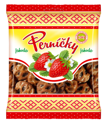 PERNÍČKY s JAHODOVOU náplňou v glazúre 150g 14ks/kartón