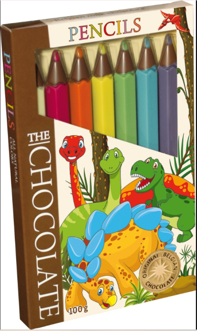 FAREBNÉ PASTELKY 05 mliečna čokoláda DINOSAURUS 100g  15ks/kartón